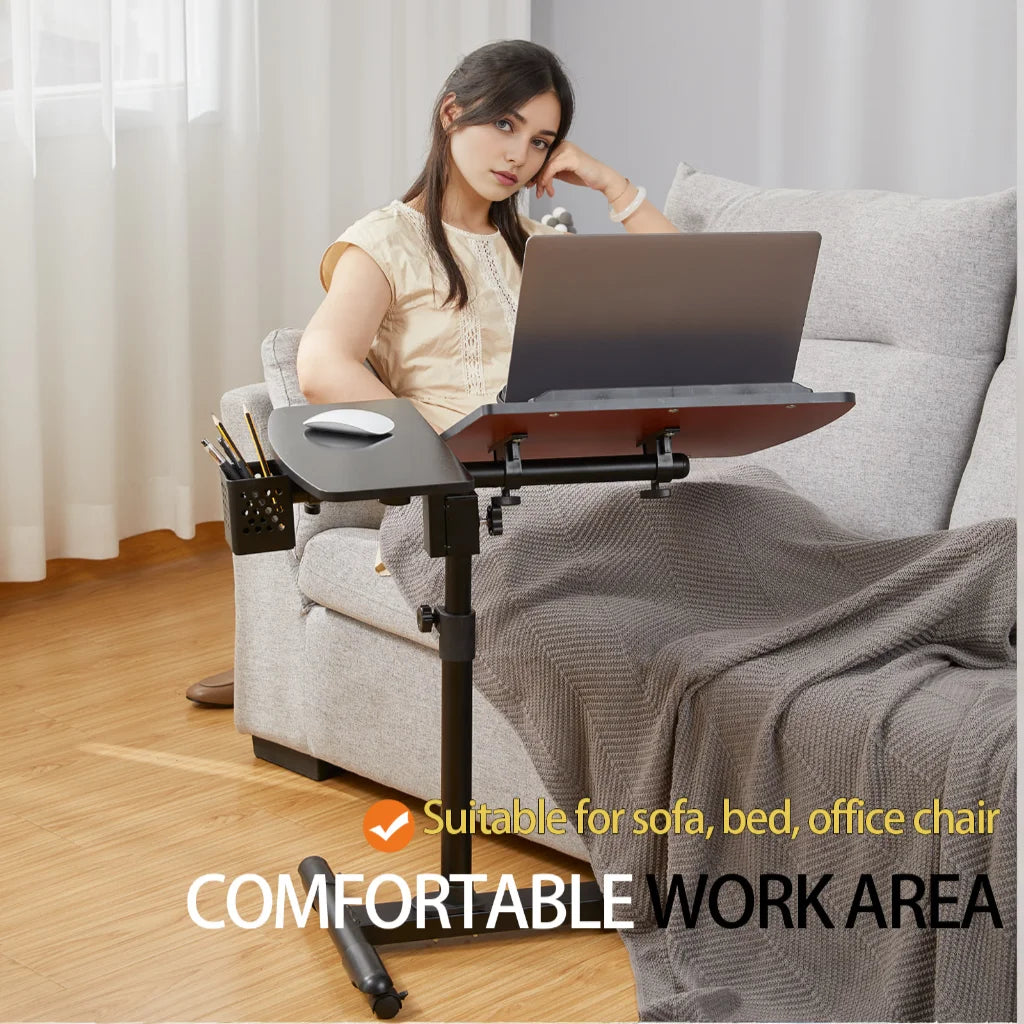 Overbed Bedside Table with Wheels, Adjustable Overbed Table with Tilting Desktops, Rolling Laptop Table