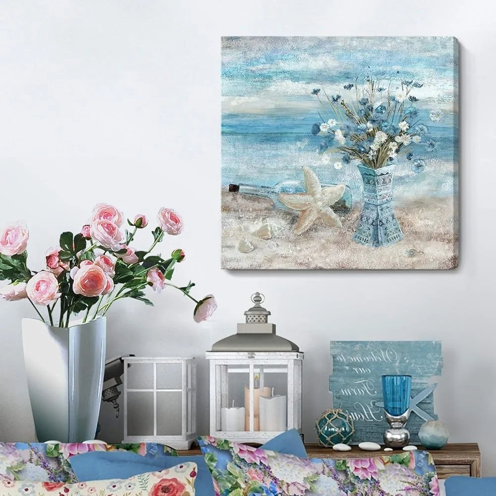 Coastal Beach Canvas Art Ocean Themed Wall Decor Framed Picture Flower Print