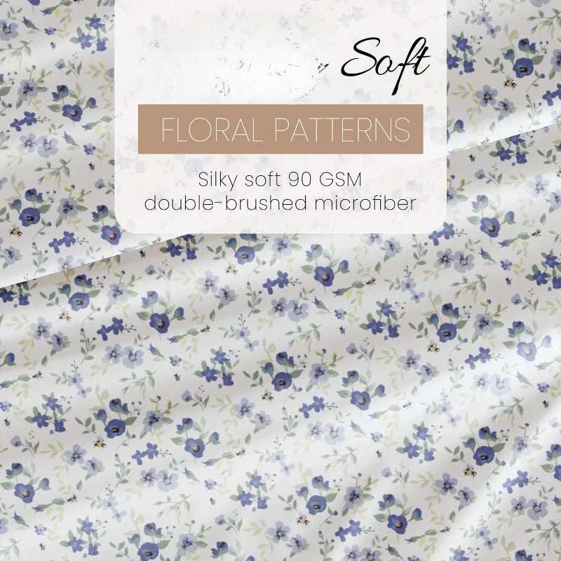 4 Piece Queen Sheet Set (Light Blue Floral)  Ultra-Soft & Cooling