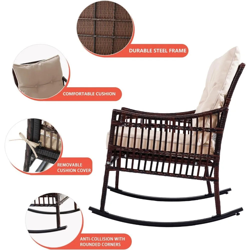 3 Pieces Patio Furniture Set, Wicker Rocking Chairs Bistro Set with Coffee Table