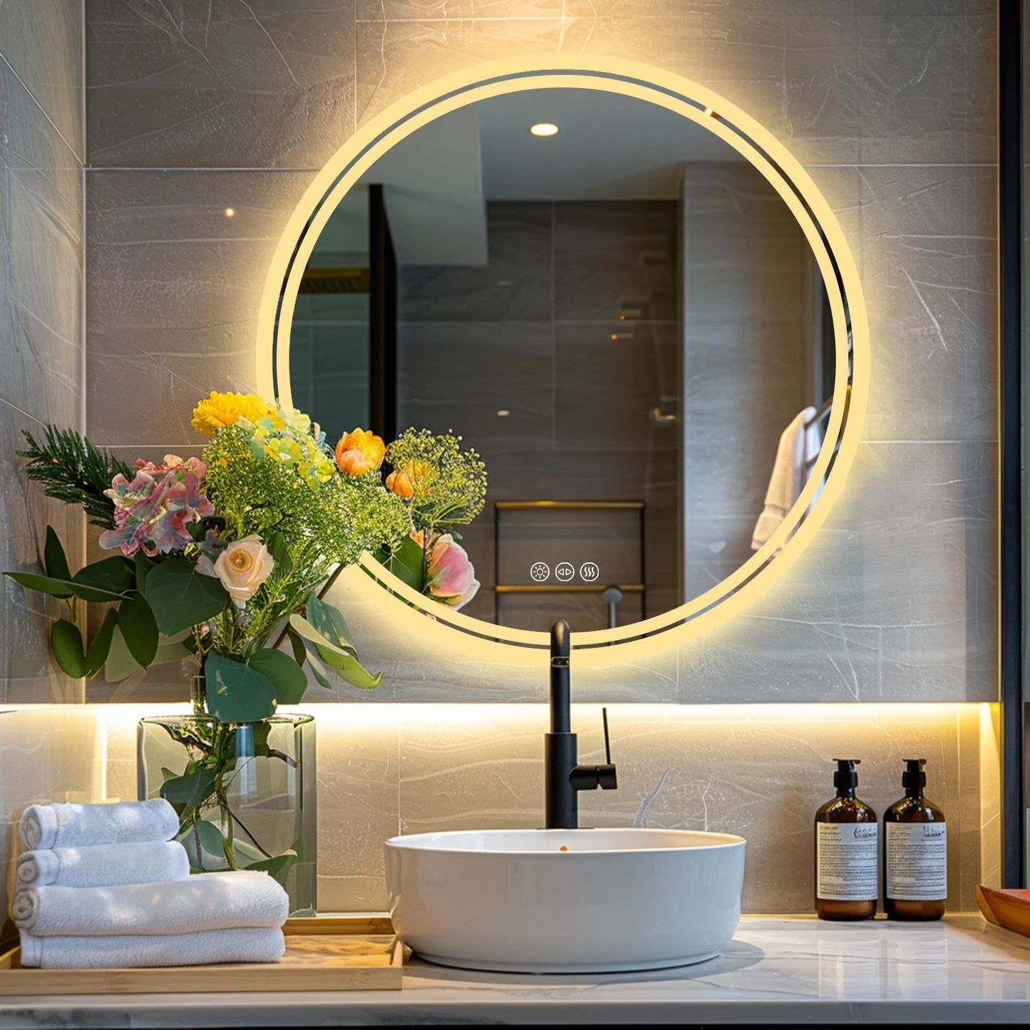 Bathroom Mirror with LED Lights Circle Backlit Illuminated Wall Mounted  Anti-Fog 3 Colors Change IP65 Dimmable