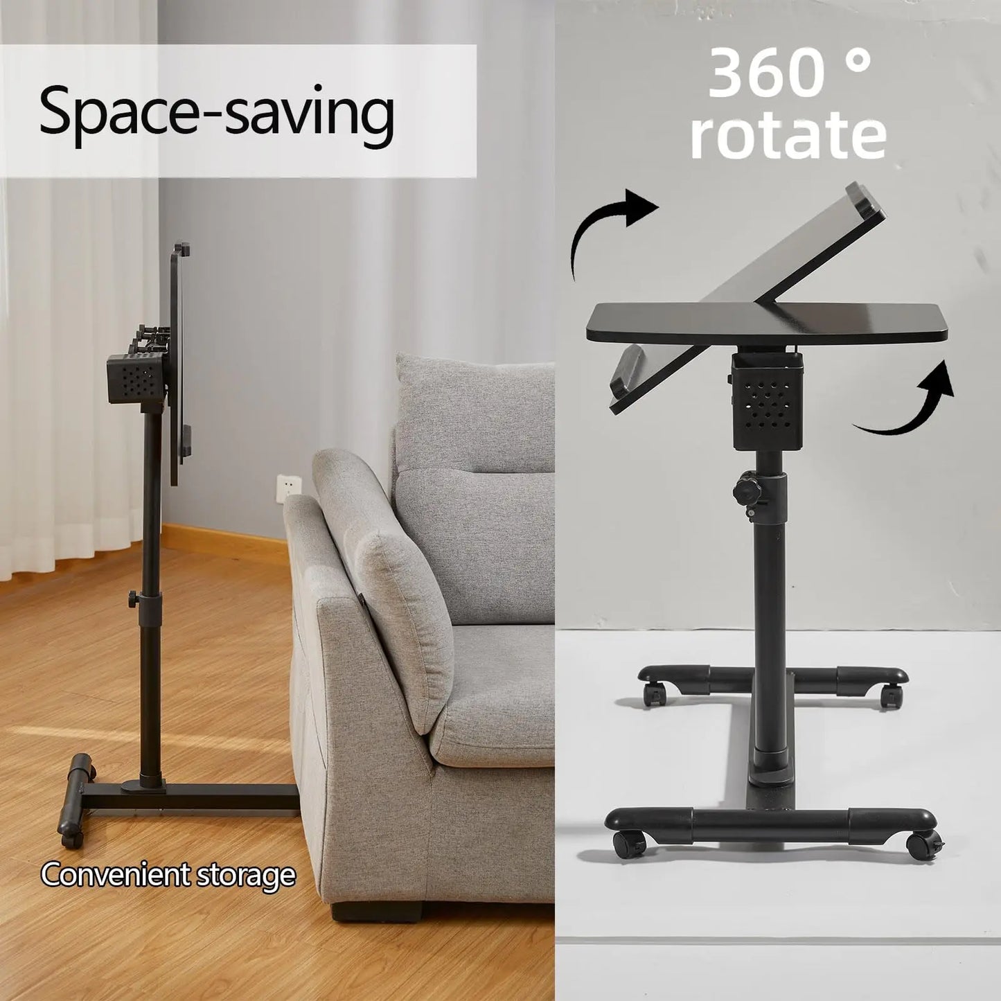 Overbed Bedside Table with Wheels, Adjustable Overbed Table with Tilting Desktops, Rolling Laptop Table
