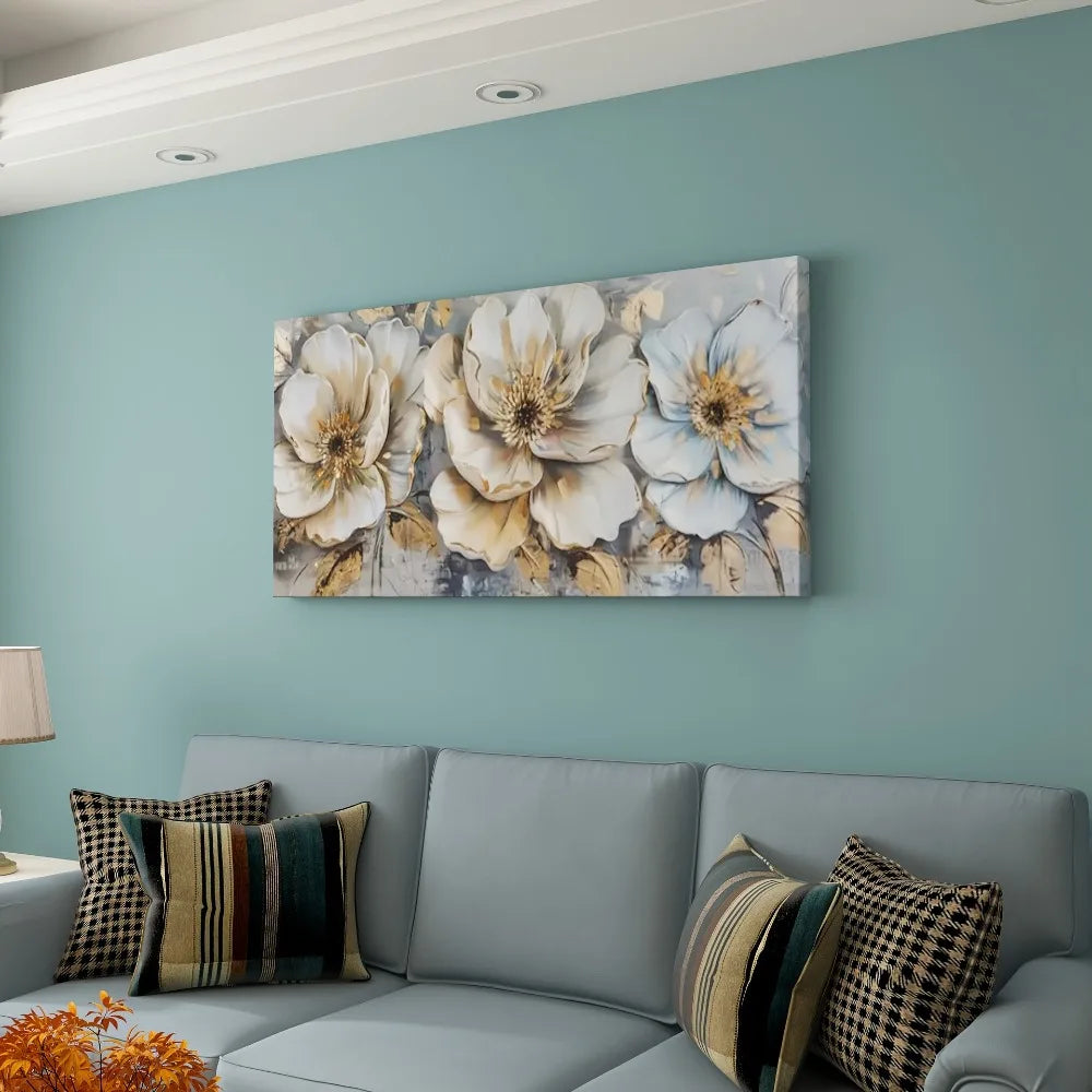 1.5 inch thick pine frame, abstract white camellia canvas wall art, modern decorative paintings