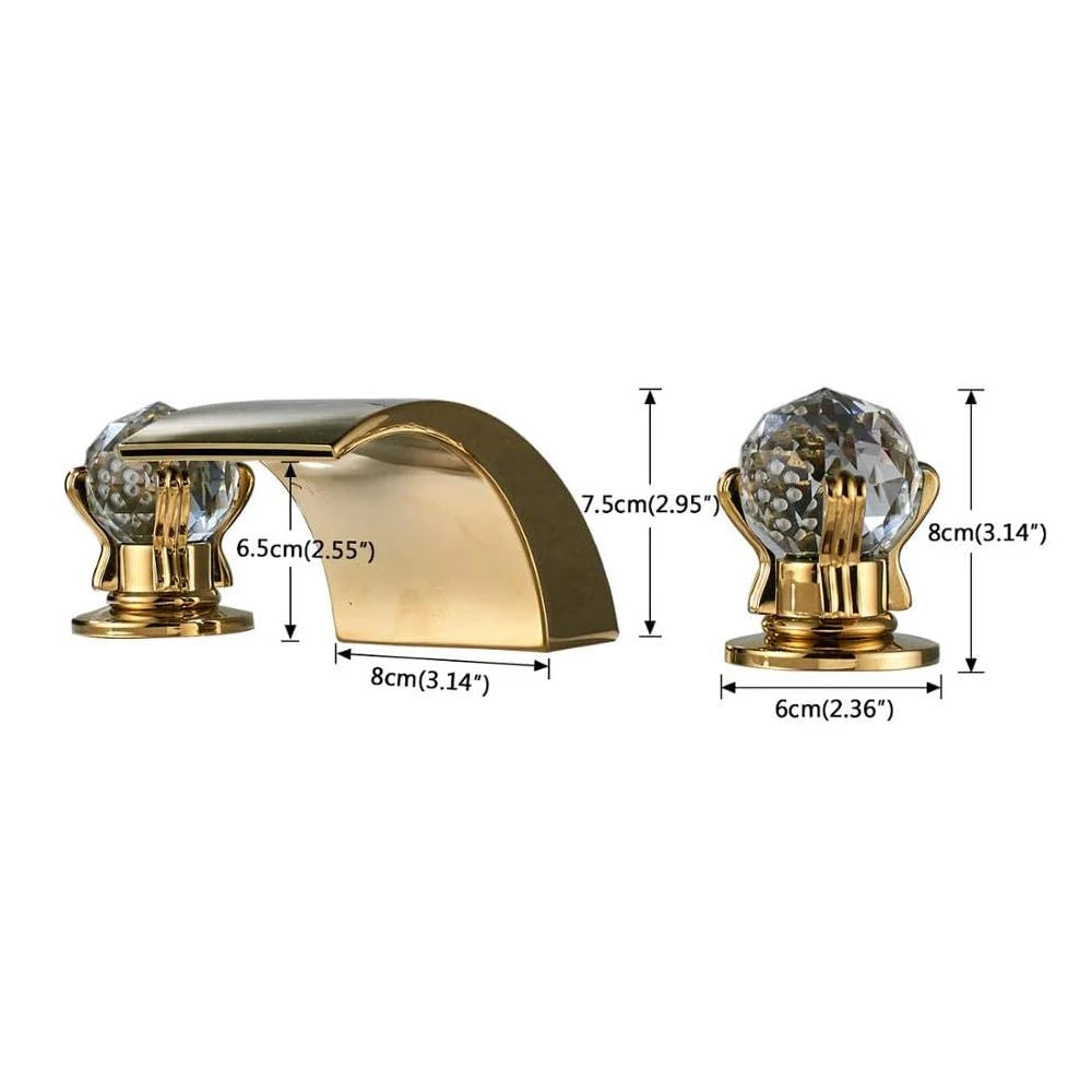 LED Widespread Bathroom Faucet Waterfall Gold Polished Lavatory 2 Crystal Knobs 3 Holes