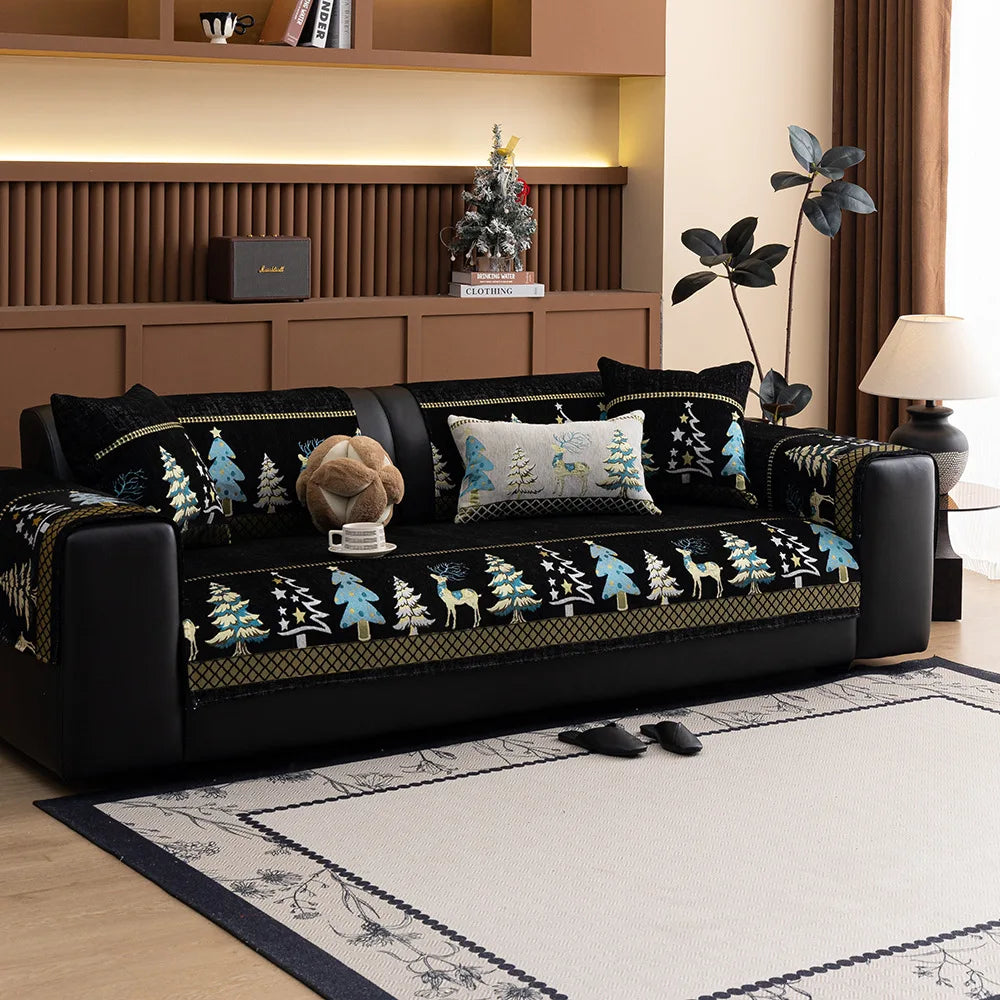 Universal Chenille Christmas Sofa Mat Cover Christmas Tree Deer Pattern Sofa Covers Anti-Slip Fully Covered Sofa Covers Fabric