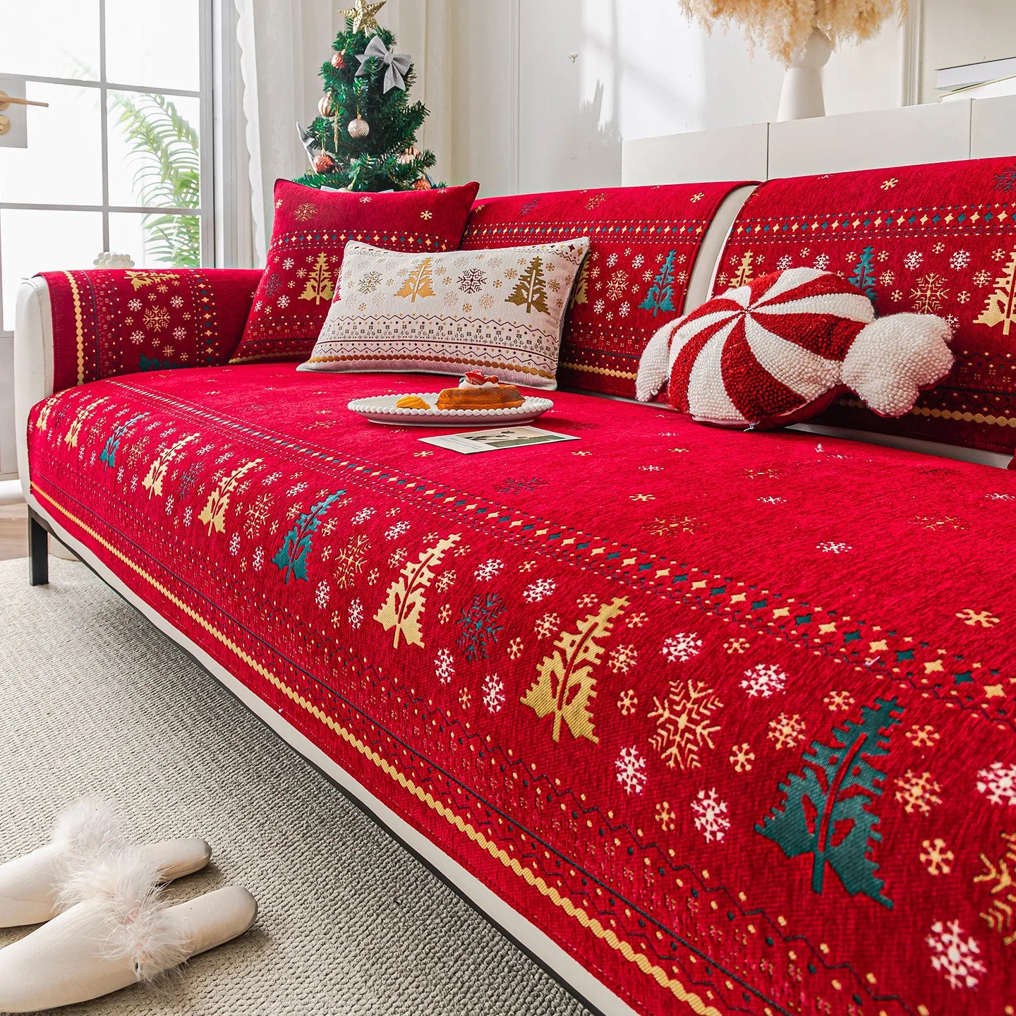 Christmas Tree Chenille Sofa Cushion Four-Season Anti-Slip Luxury Style Sofa Seat Covers