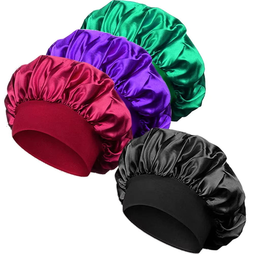 4-Piece Set Of Shower Caps-Satin Bonnet Silk Bonnet  For Sleeping With Tie Band  For Women Men