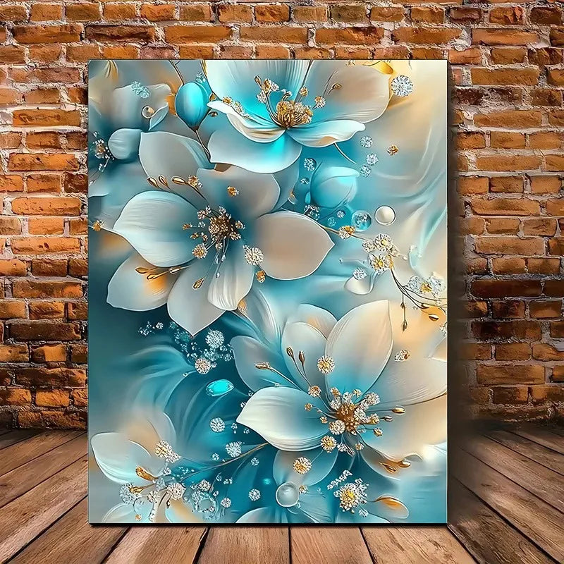 Elegant Oil Painting Artwork Framed Serene Blue and White Flowers with Gold