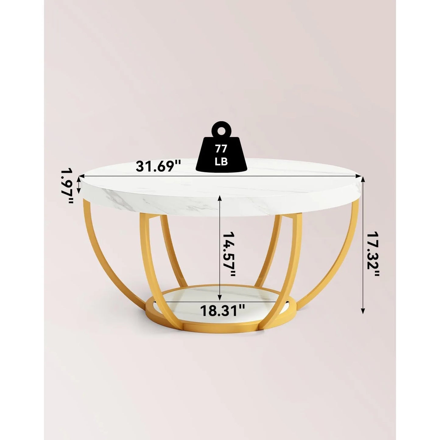 32" Circle Marble Coffee Tables, 2-Tier Golden Metal Legs  Open Storage Modern Design