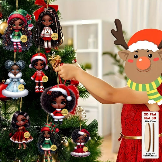 12pcs African American Chibi Christmas Ornaments - 2D Flat Wood, Holiday Hanging Decor, Gift Tags, Mantel Accent