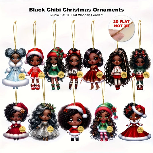 12pcs African American Chibi Christmas Ornaments - 2D Flat Wood, Holiday Hanging Decor, Gift Tags, Mantel Accent