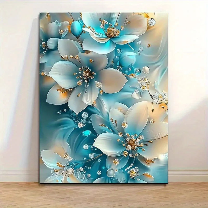 Elegant Oil Painting Artwork Framed Serene Blue and White Flowers with Gold
