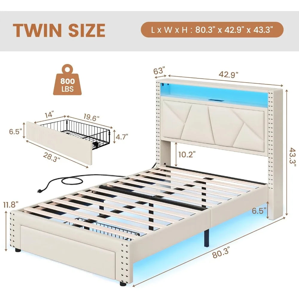 White Twin Bed Frames with LED Lights, Upholstered Platform Bed Frame / Storage Headboard and Charging Station
