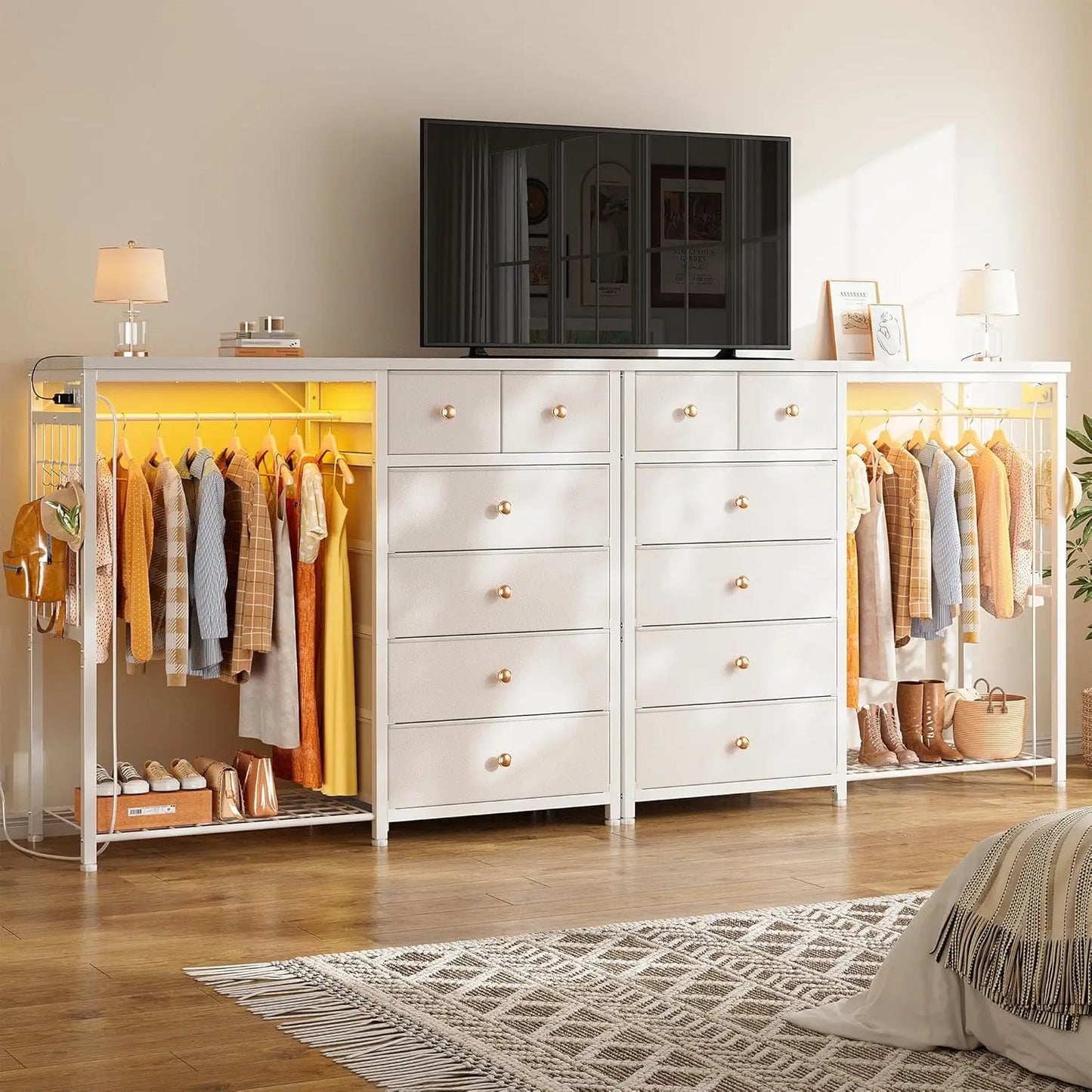 49.2" W White Dresser for Bedroom with Hanging Rack, 6 Drawers  LED Lights & Charging Station