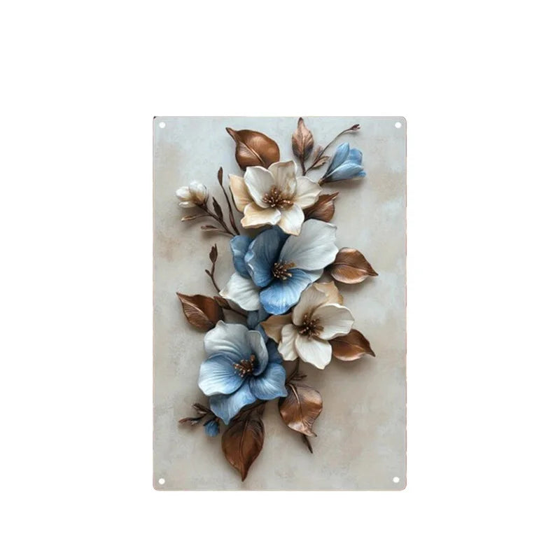 Elegant Blue and White Flower Metal Wall Art Easy To Hang Durable Wrought Iron Decoration