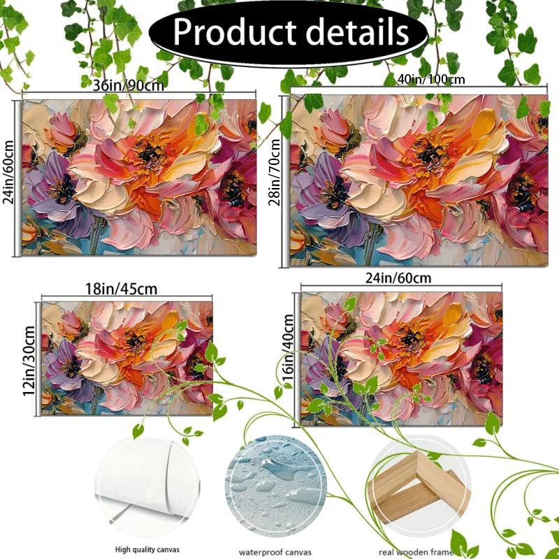 1pc Vibrant Floral Canvas Art with Wooden Frame - Textured Pastel Flowers, Abstract Blossom Arrangement