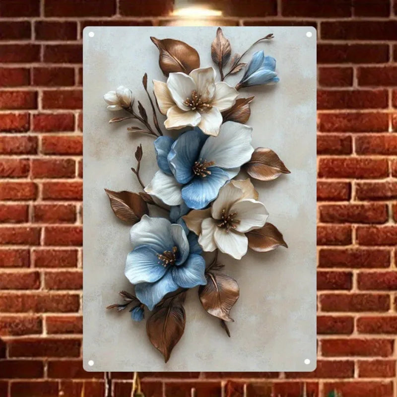 Elegant Blue and White Flower Metal Wall Art Easy To Hang Durable Wrought Iron Decoration