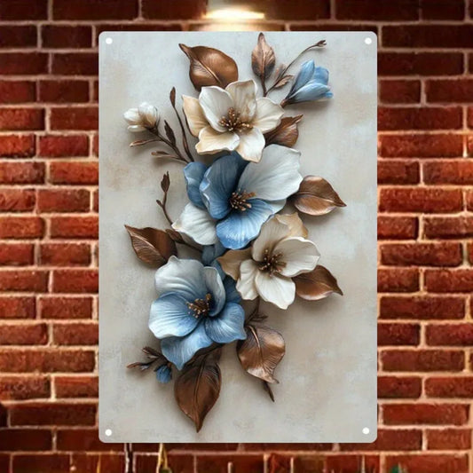 Elegant Blue and White Flower Metal Wall Art Easy To Hang Durable Wrought Iron Decoration