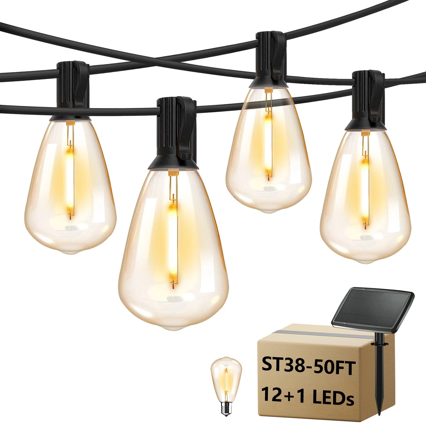 50 Feet Solar Outdoor String Lights, 2700K Warm White Hanging Lights, Weather-Resistant Materials, 12+1 Shatterproof Bulbs