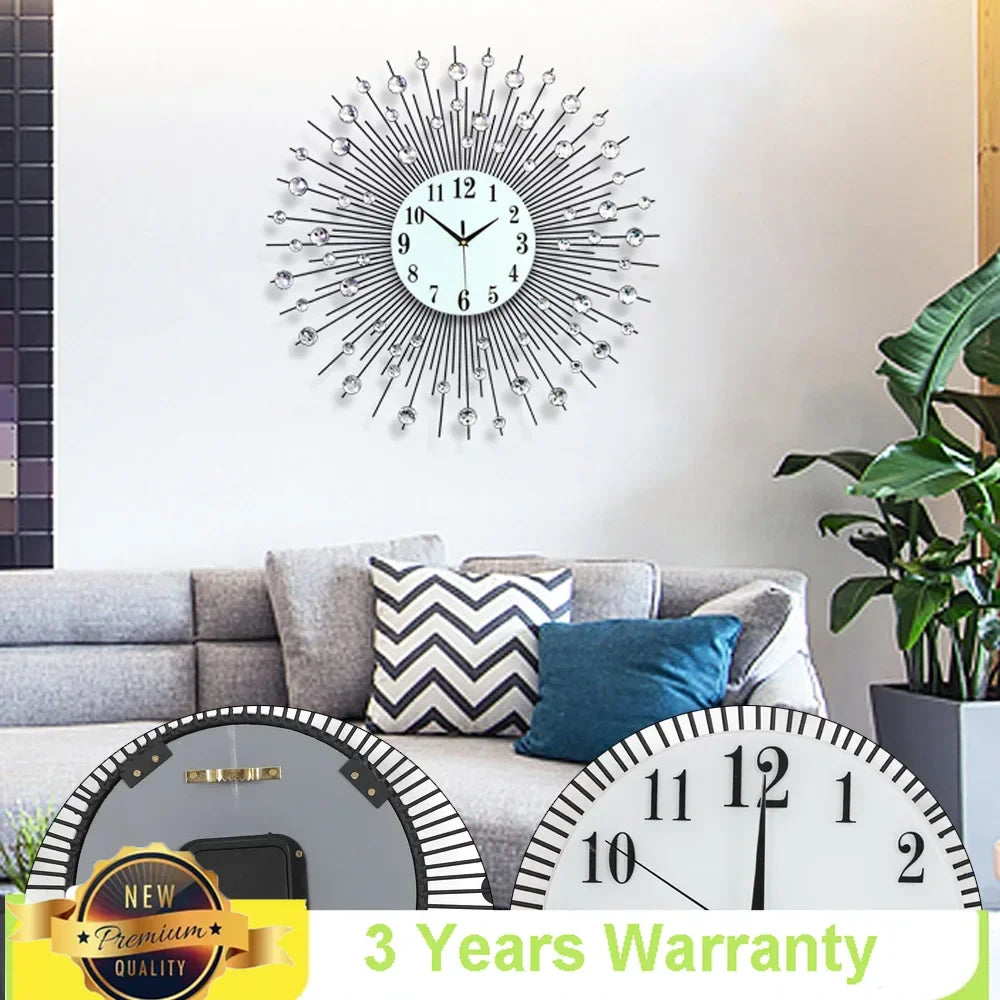 3D Large Metal Sunburst Wall Clock Luxury Battery Operated Diamond Art Wall Watch 60x60cm