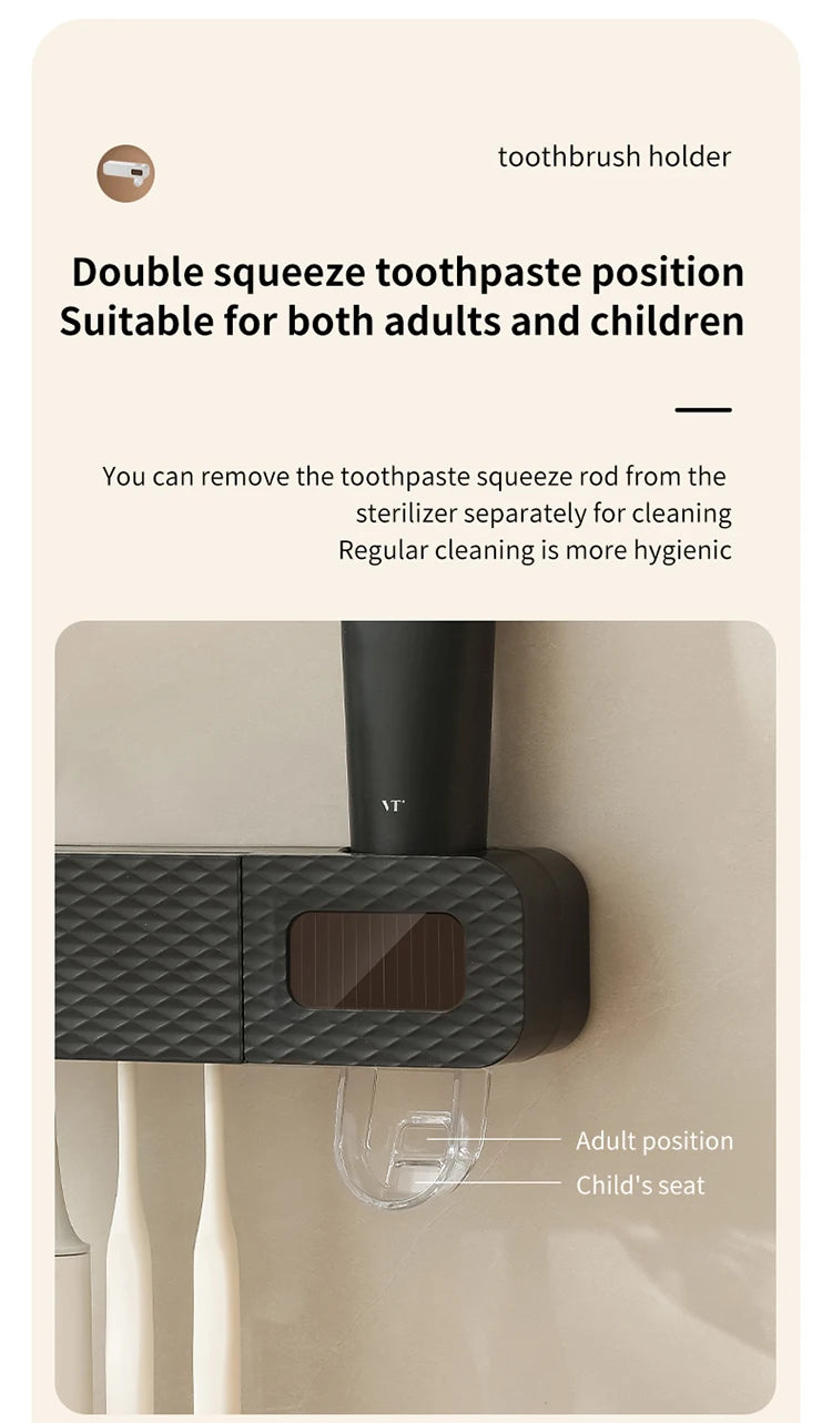 1 smart toothbrush rack wall mounted 3-slot toothbrush intelligent drying rack, toothpaste dispenser