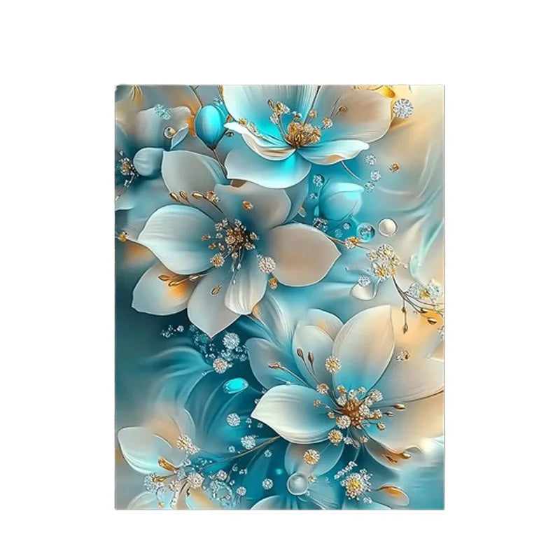 Elegant Oil Painting Artwork Framed Serene Blue and White Flowers with Gold