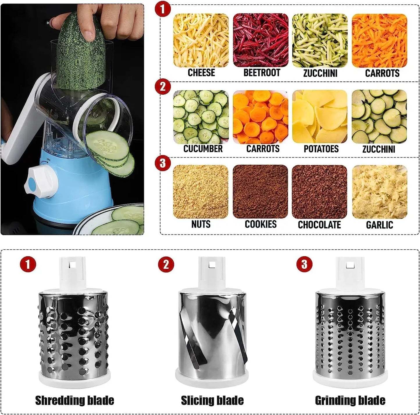 Cheese Grater Rotary 3 in 1 Grater Vegetable Slicer with 3 Drum Blades Fast Cutting Shredder