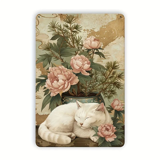 Vintage Peony and Cat Wrought Iron Wall Decor 8x12 Inch Metallic Tin