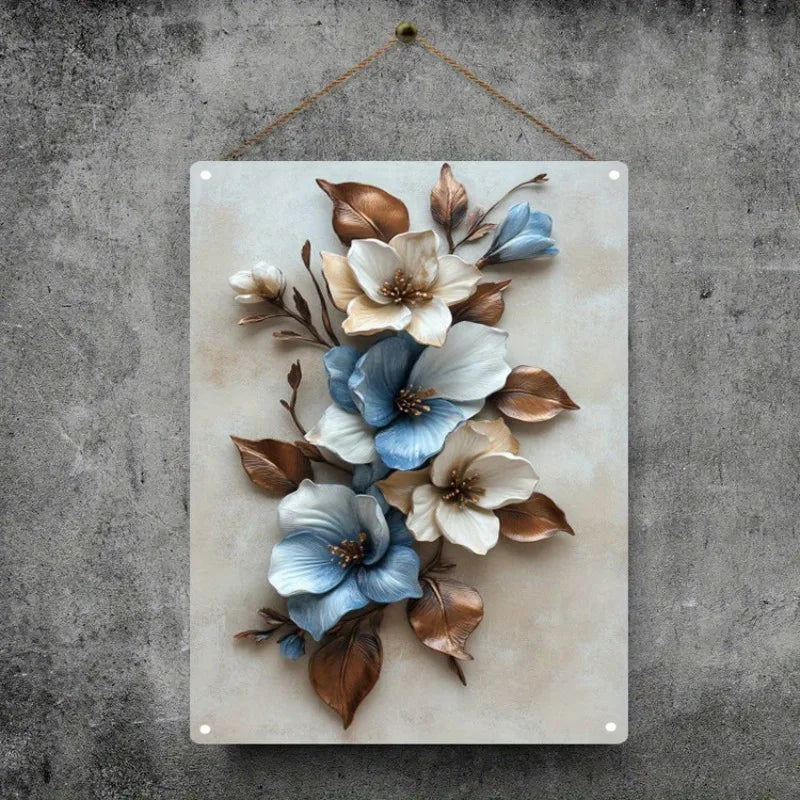 Elegant Blue and White Flower Metal Wall Art Easy To Hang Durable Wrought Iron Decoration