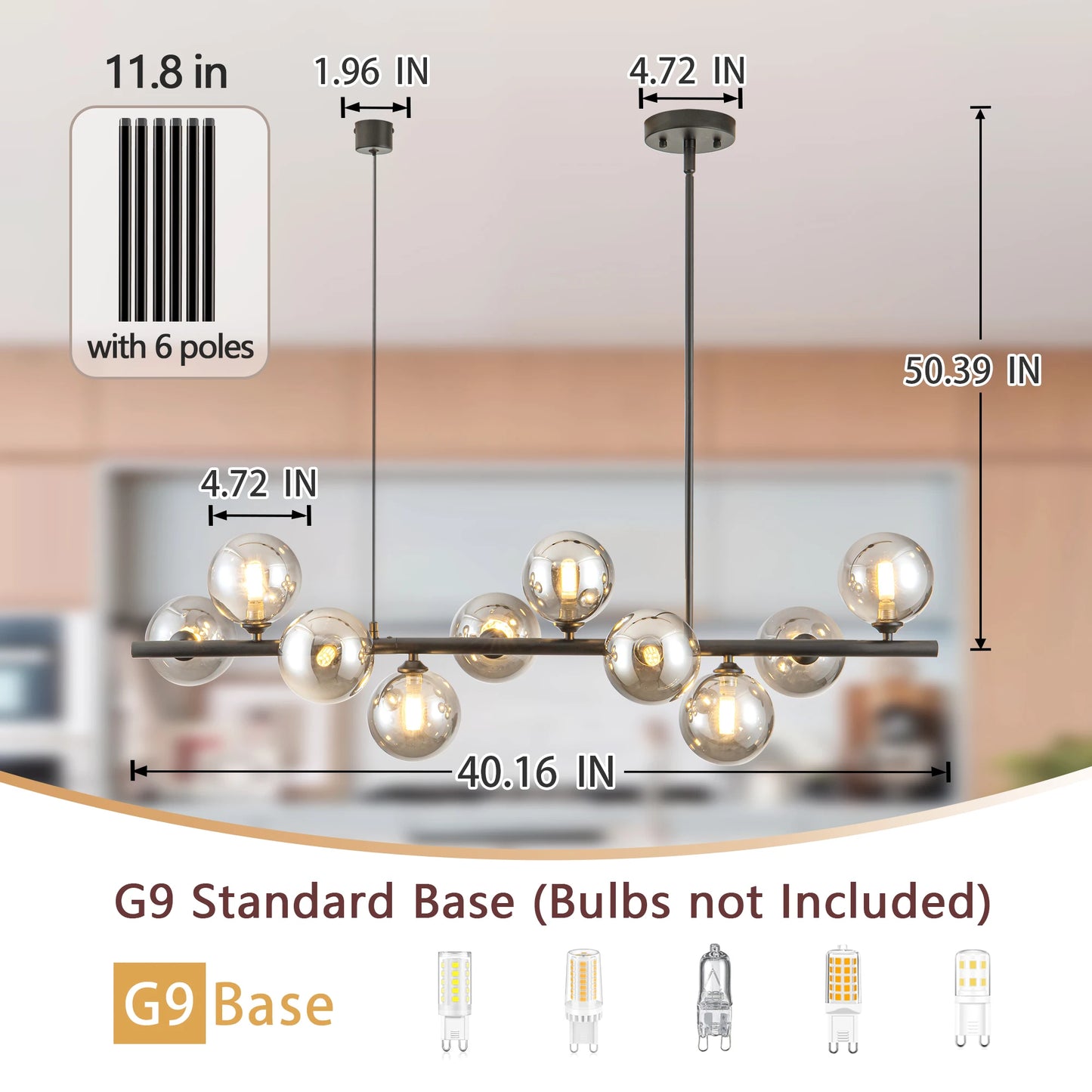 10-Light Matte Black Adjustable Chandelier with Smoked Glass Globe