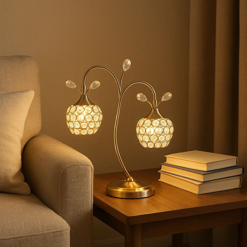 Rose Gold 2-Flower Clock Glass  Modern Simple Desk Lamp Iron Art