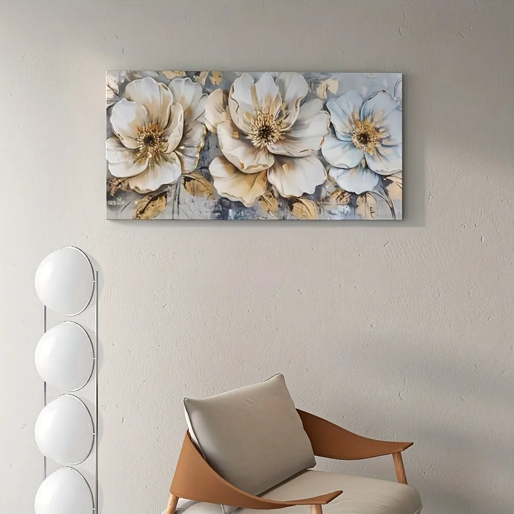 1.5 inch thick pine frame, abstract white camellia canvas wall art, modern decorative paintings