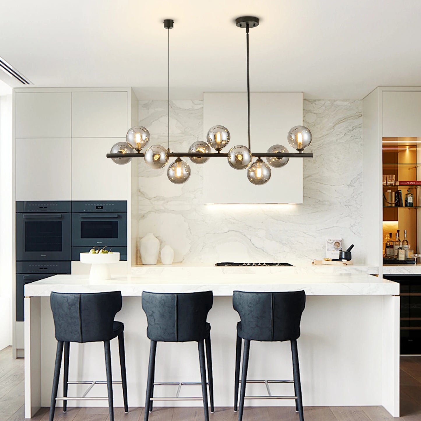 10-Light Matte Black Adjustable Chandelier with Smoked Glass Globe